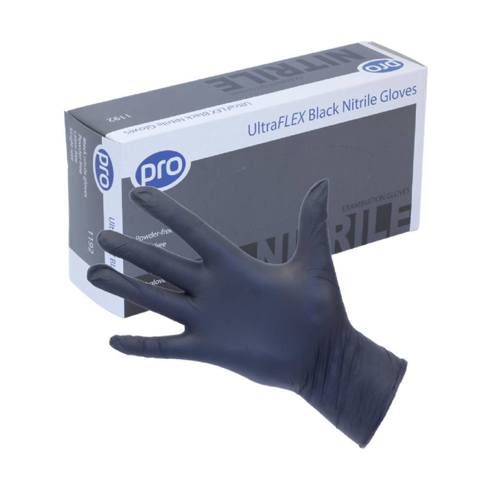 Box of PRO UltraFLEX black nitrile gloves with single powder-free glove displayed on hand