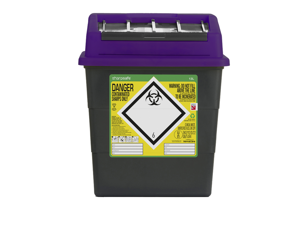 13 Litre Sharpsafe Grey Sharps Bin Purple Lid UKMEDI