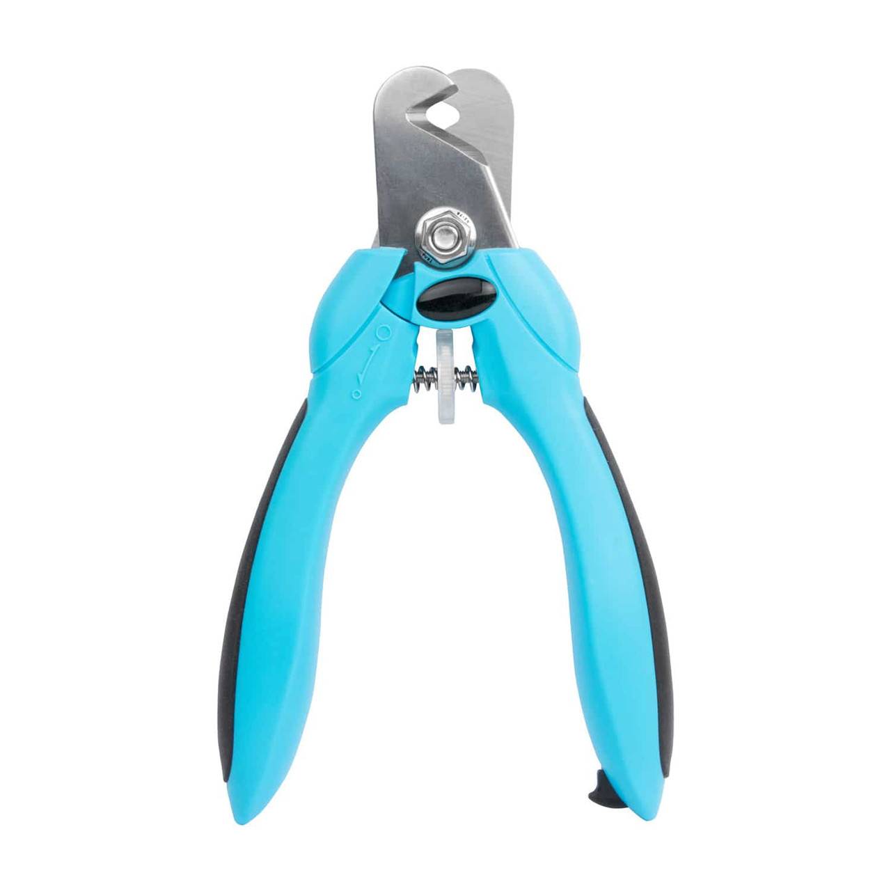 Close-up of Teqler blue pet nail clippers with stainless steel blades