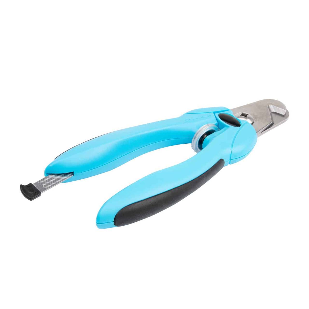 Blue pet nail clipper with stainless steel blades and built-in nail file