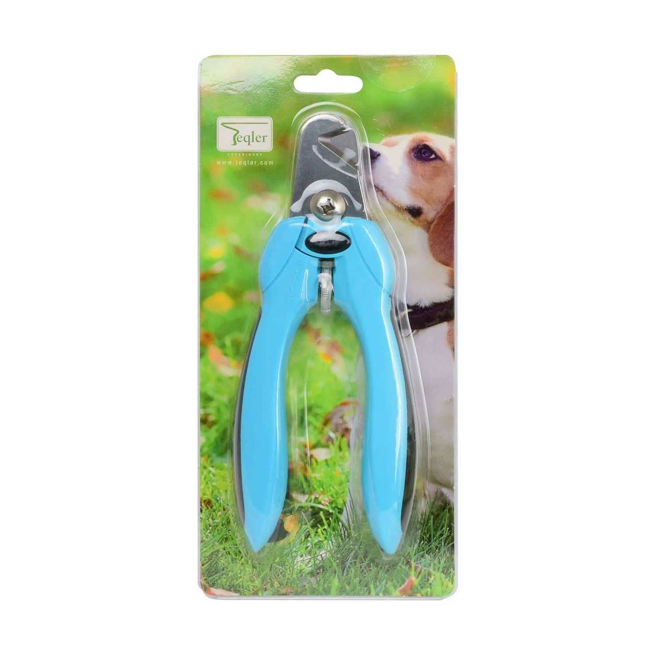 Blue pet nail clippers in retail packaging with stainless steel cutting blades