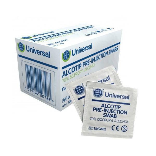 Universal Alcotip 70% isopropyl alcohol pre-injection swabs, box of 100