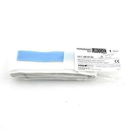 A packaged retaining strap for catheter leg bags, with the brand name Asid Bonz visible on the packaging.