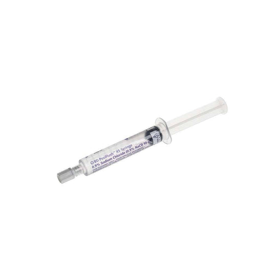 A pre-filled 10ml PosiFlush XS saline syringe by BD, with labeling and a sterile appearance.