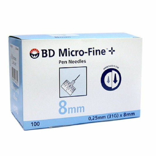 Box of BD Micro-Fine+ pen needles, 8mm length, with a pack quantity of 100, indicated for use with insulin pens.