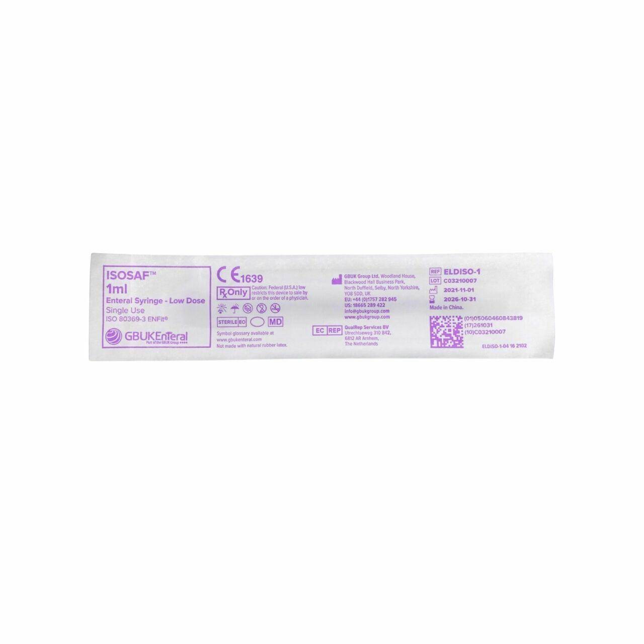 Enteral 1ml ENFIT Low Dose Enteral Syringes ISOSAF Single Use ELDISO-1 UKMEDI - UK Medical Supplies