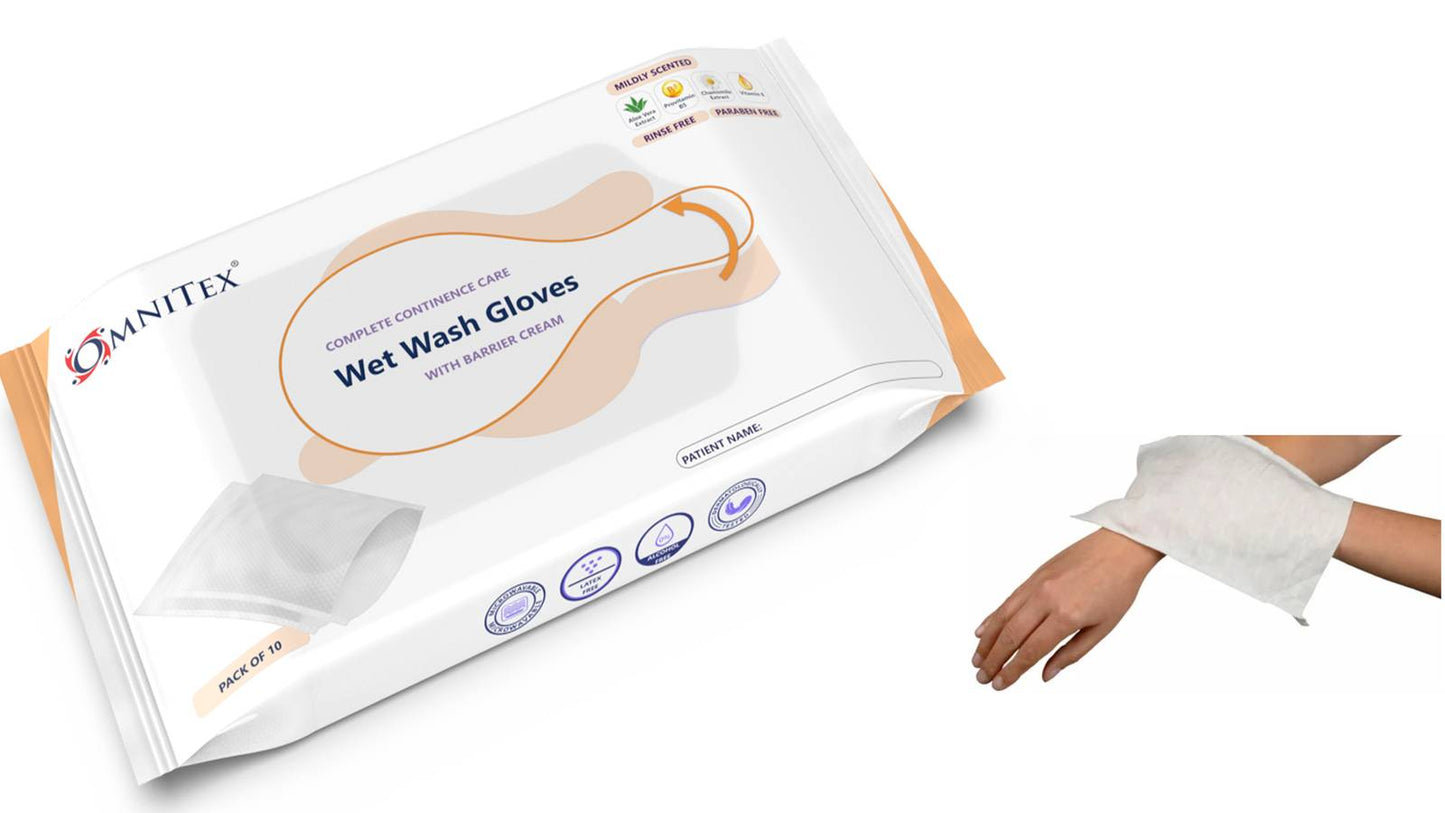 Omnitex Bed Bath Wet Wash Gloves with Barrier Cream Pack of 10