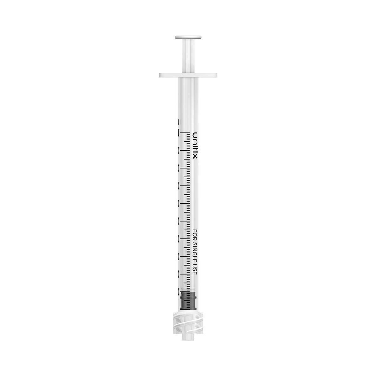 Unifix 1ml single-use luer lock syringe with clear barrel and precise black graduations